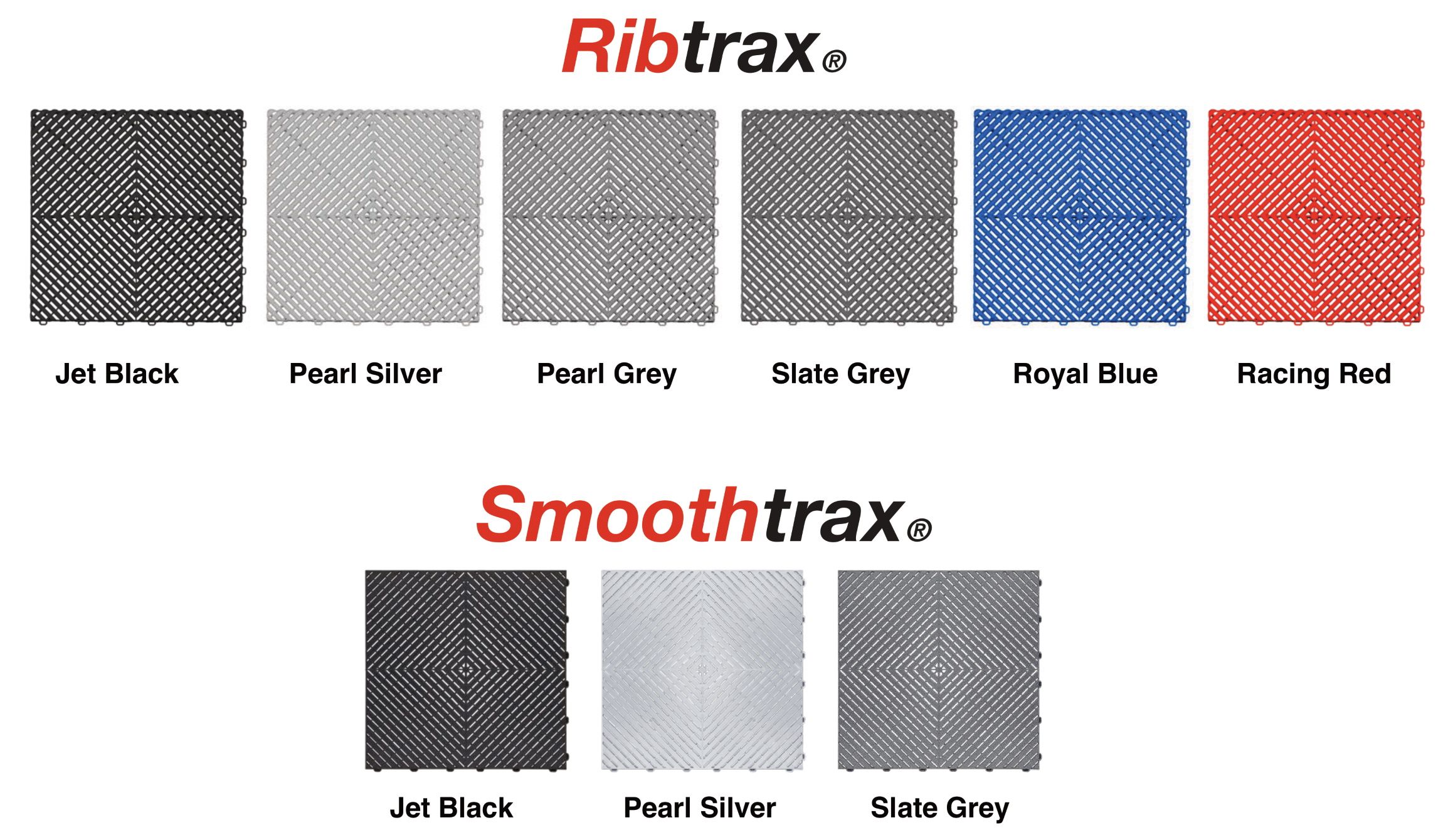 Available types and colours of Swisstrax tiles