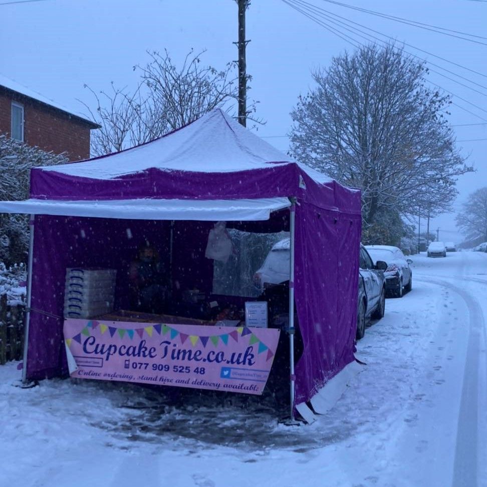 A printed Gala Shade Gazebo in the snow