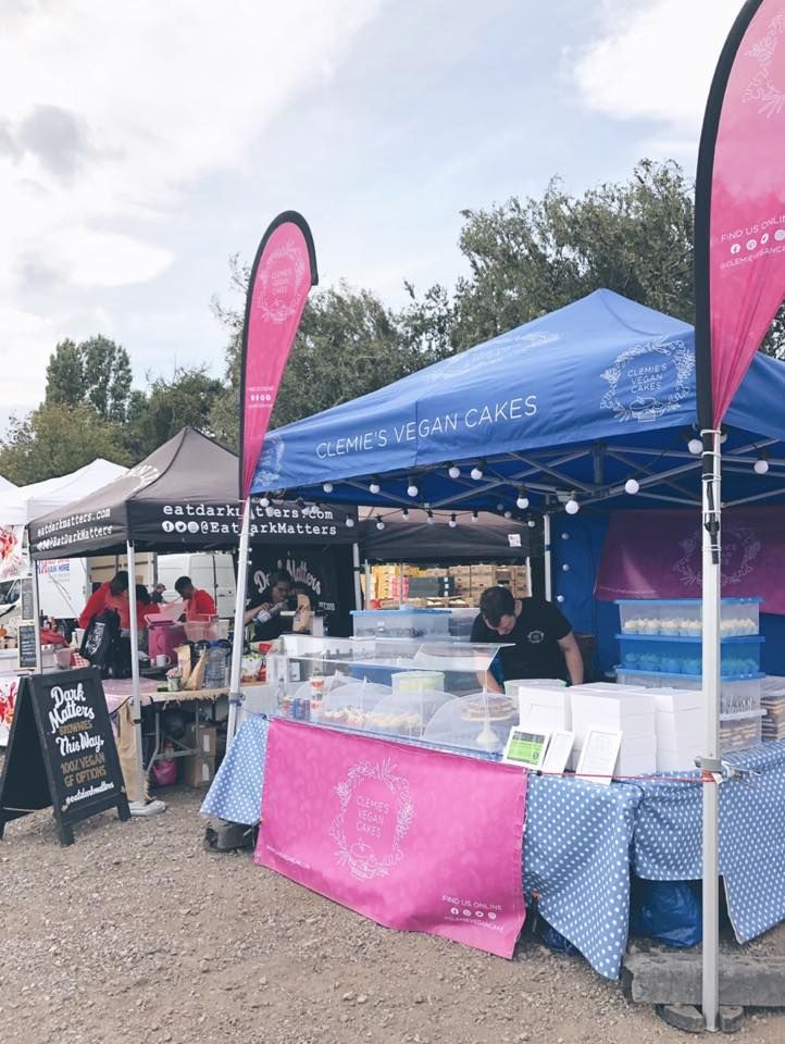 A printed gazebo, banner and feather flags for a vegan cake company