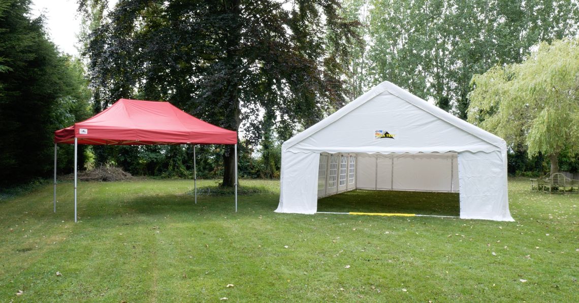 red 3m x 4.5m Gazebo and a 6m span PVC Marquee