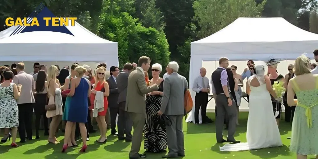 An elegant garden party with white pop up gazebos in the background. A Gala Tent logo is overlaid in the top left corner.