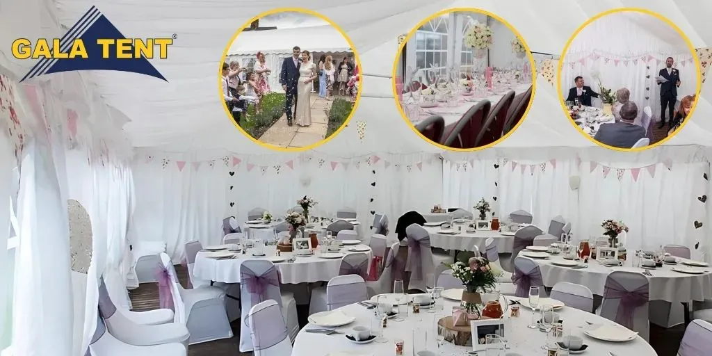 A dressed marquee for a wedding, with related inlay images