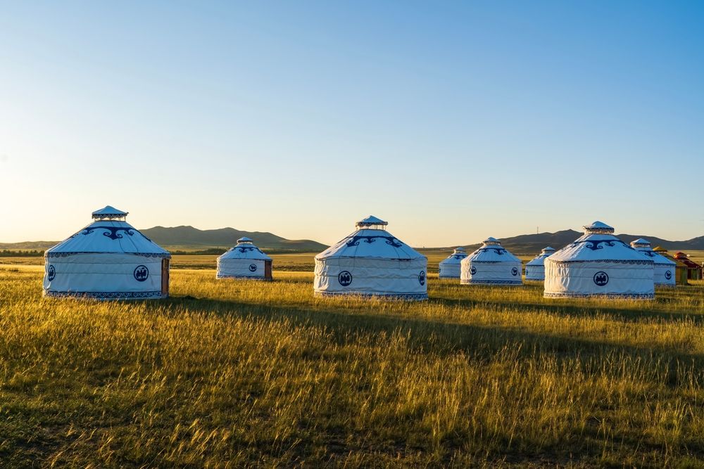 A series of mongolian yurts on an open glamping site