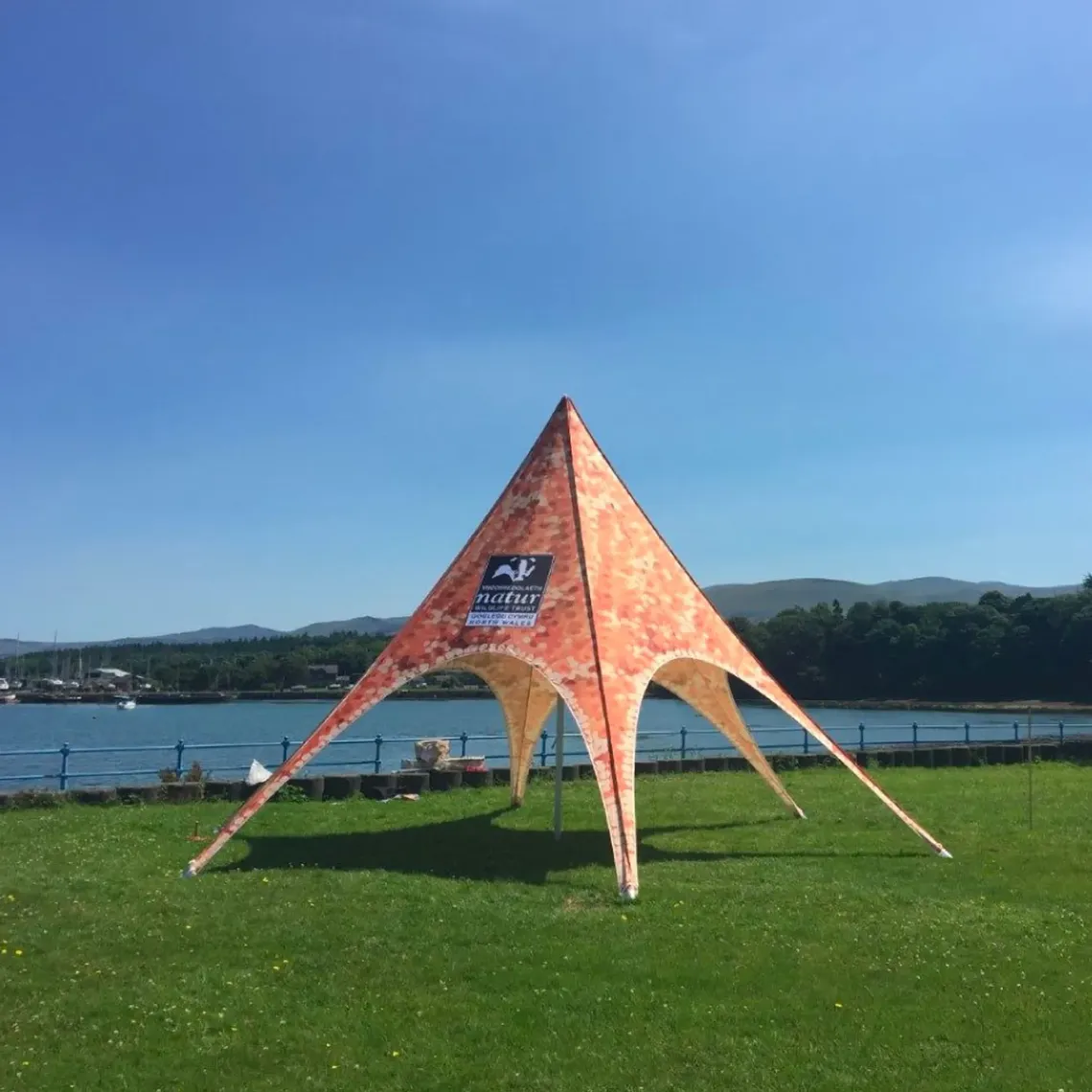 A star shade marquee beside a lake