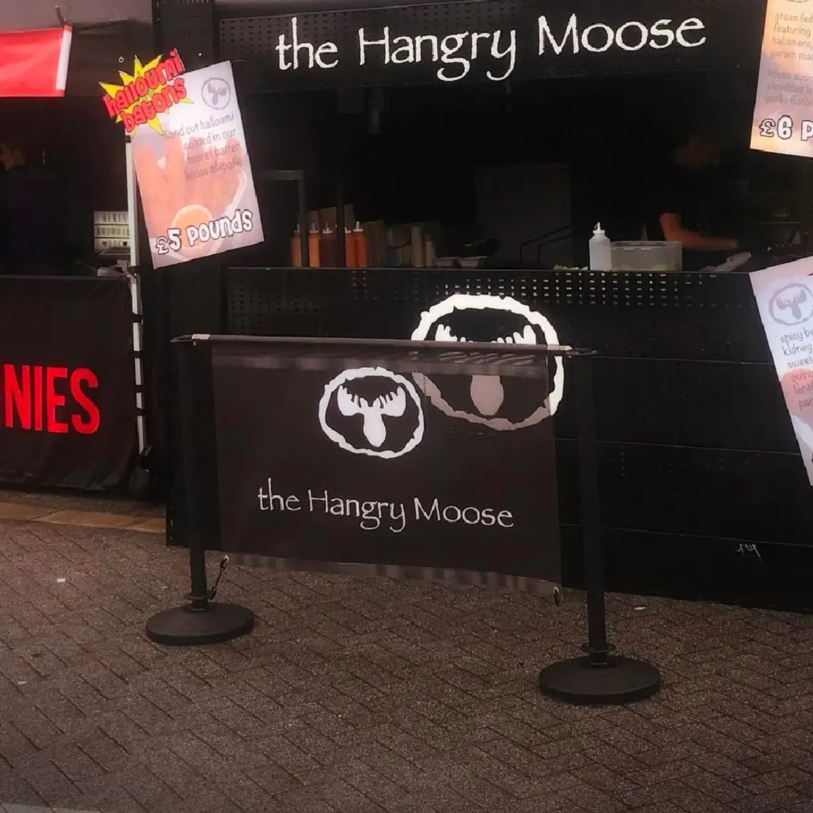 A printed cafe barrier for a street food vendor by the name of Hangry Moose