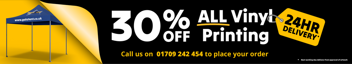 An advertising banner highlighting 30% discount on vinyl printed gazebos