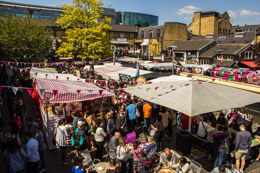 A busy outdoor street food court in Camden