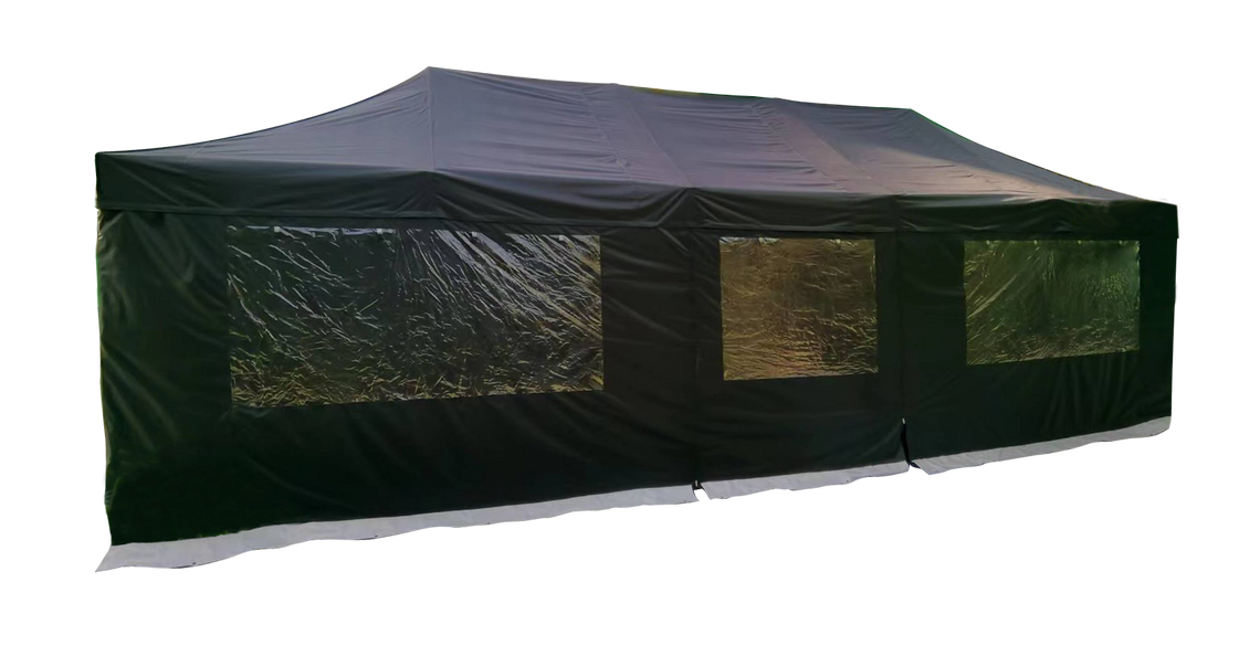 A 4m x 10m pop up gazebo with black sidewalls