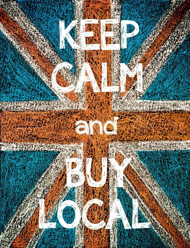 An illustration of the Union Jack flag with the words "Keep Calm and Buy Local" chalked onto it