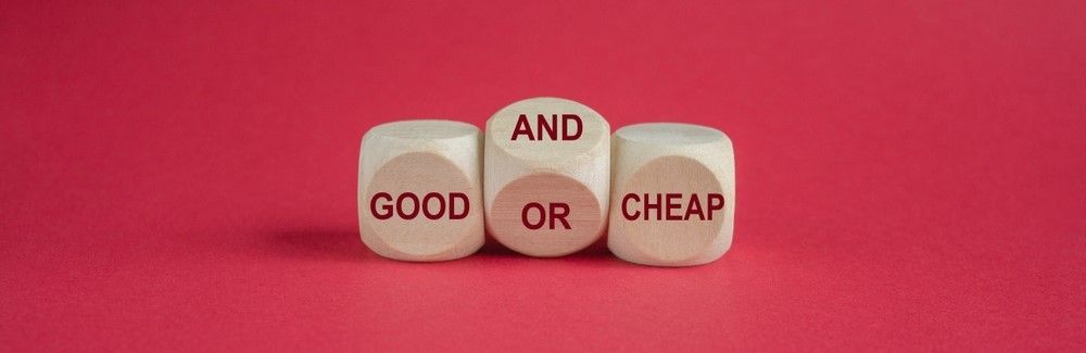 3 dice on a red background. The dice have the words good and cheap on them, with a middle dice offering the words and/or - highlighting a choice between good or cheap