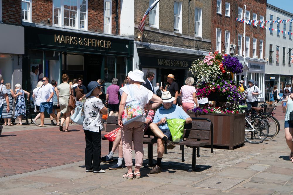 A bustling high street in a British town