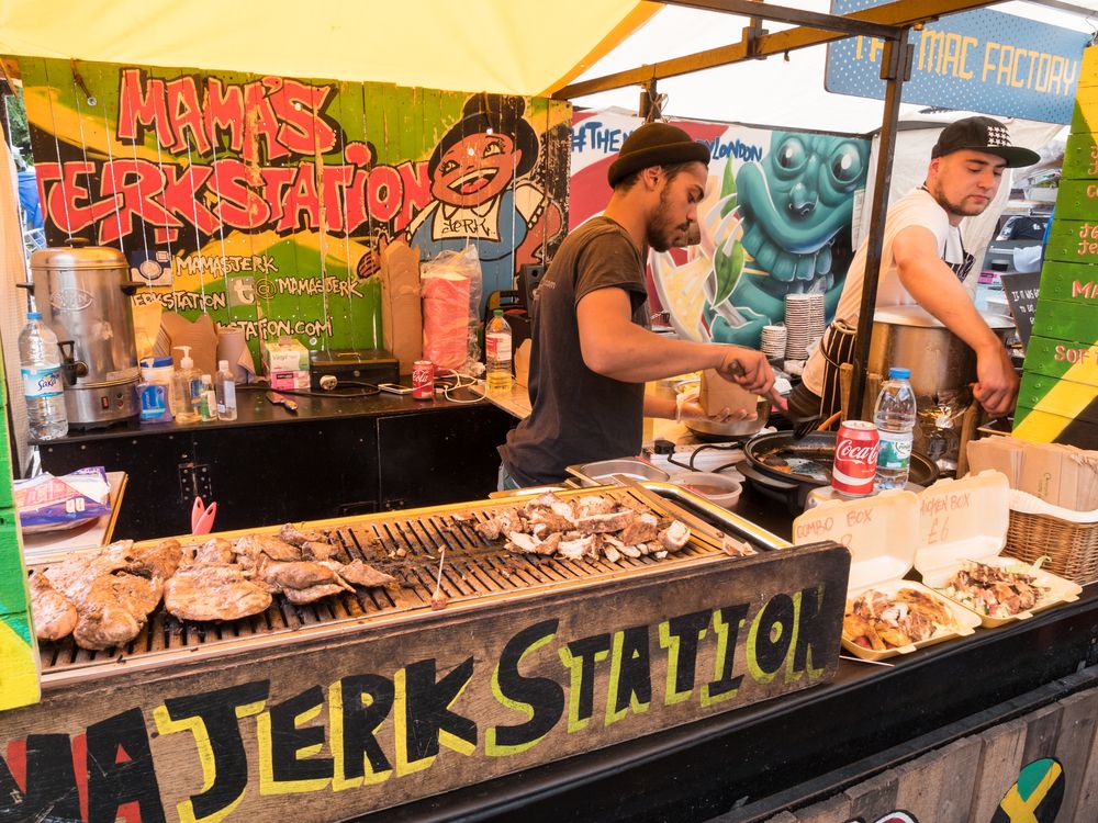 Street food stall selling jerk products